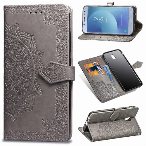 Samsung Galaxy J5 (2017) Coque, Saturcase Mandala Gaufrage Pu Cuir Magnétique Flip Portefeuille Support Porte-Carte Protecteur Coque Housse Étui Avec Dragonne Pour Samsung Galaxy J5 (2017) (Gris)