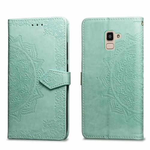 Samsung Galaxy J6 2018 Coque, Saturcase Mandala Gaufrage Pu Cuir Magnétique Flip Portefeuille Support Porte-Carte Protecteur Coque Housse Étui Avec Dragonne Pour Samsung Galaxy J6 2018 (Vert)