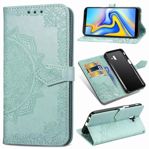 Samsung Galaxy J6 Plus 2018 Coque, Saturcase Mandala Pu Cuir Magnétique Flip Portefeuille Support Porte-Carte Protecteur Coque Housse Étui Avec Dragonne Pour Samsung Galaxy J6 Plus 2018 (Vert)