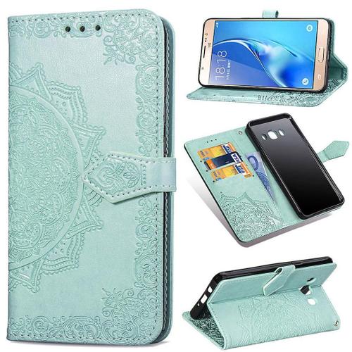 Samsung Galaxy J7 (2016) Coque, Saturcase Mandala Gaufrage Pu Cuir Magnétique Flip Portefeuille Support Porte-Carte Protecteur Coque Housse Étui Avec Dragonne Pour Samsung Galaxy J7 (2016) (Vert)