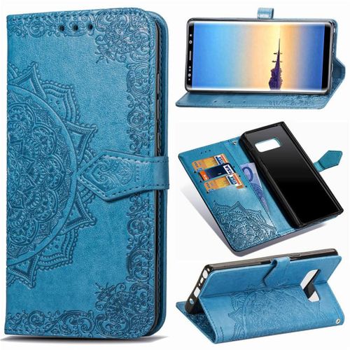 Samsung Galaxy Note 8 Coque, Saturcase Mandala Gaufrage Pu Cuir Magnétique Flip Portefeuille Support Porte-Carte Protecteur Coque Housse Étui Avec Dragonne Pour Samsung Galaxy Note 8 (Bleu)