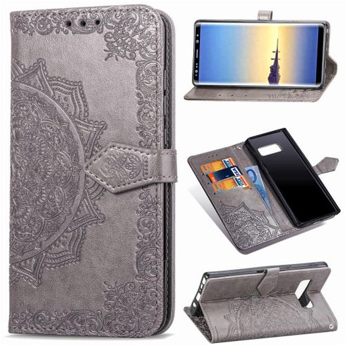 Samsung Galaxy Note 8 Coque, Saturcase Mandala Gaufrage Pu Cuir Magnétique Flip Portefeuille Support Porte-Carte Protecteur Coque Housse Étui Avec Dragonne Pour Samsung Galaxy Note 8 (Gris)
