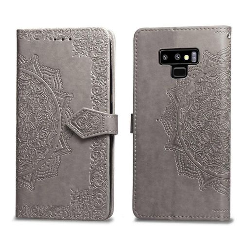 Samsung Galaxy Note 9 Coque, Saturcase Mandala Gaufrage Pu Cuir Magnétique Flip Portefeuille Support Porte-Carte Protecteur Coque Housse Étui Avec Dragonne Pour Samsung Galaxy Note 9 (Gris)