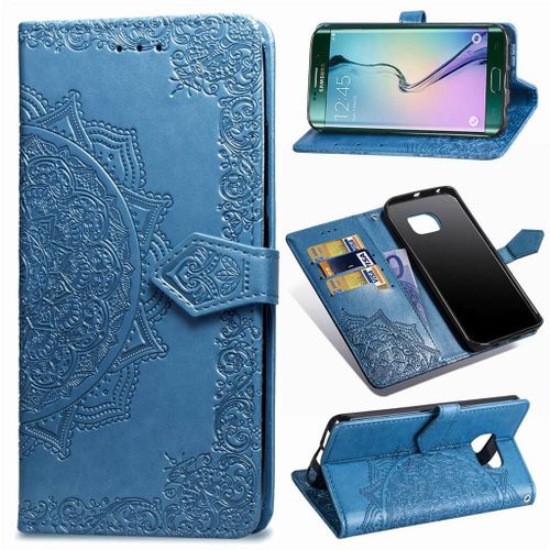 Samsung Galaxy S6 Edge Coque, Saturcase Mandala Gaufrage Pu Cuir Magnétique Flip Portefeuille Support Porte-Carte Protecteur Coque Housse Étui Avec Dragonne Pour Samsung Galaxy S6 Edge (Bleu)