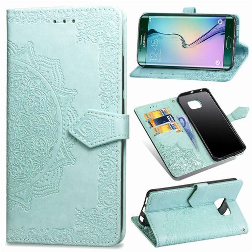 Samsung Galaxy S6 Edge Coque, Saturcase Mandala Gaufrage Pu Cuir Magnétique Flip Portefeuille Support Porte-Carte Protecteur Coque Housse Étui Avec Dragonne Pour Samsung Galaxy S6 Edge (Vert)