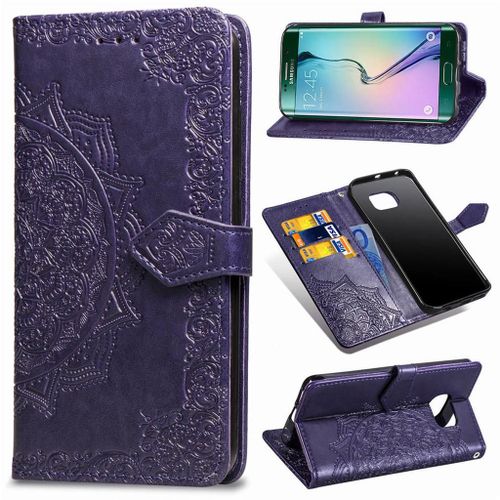 Samsung Galaxy S6 Edge Coque, Saturcase Mandala Gaufrage Pu Cuir Magnétique Flip Portefeuille Support Porte-Carte Protecteur Coque Housse Étui Avec Dragonne Pour Samsung Galaxy S6 Edge (Violet)