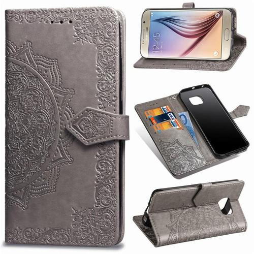 Samsung Galaxy S6 Coque, Saturcase Mandala Gaufrage Pu Cuir Magnétique Flip Portefeuille Support Porte-Carte Protecteur Coque Housse Étui Avec Dragonne Pour Samsung Galaxy S6 (Gris)