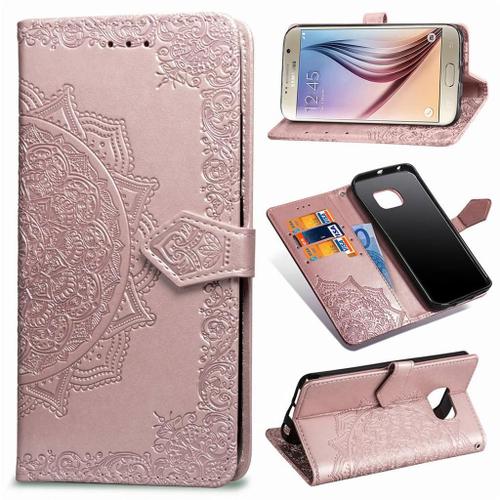 Samsung Galaxy S6 Coque, Saturcase Mandala Gaufrage Pu Cuir Magnétique Flip Portefeuille Support Porte-Carte Protecteur Coque Housse Étui Avec Dragonne Pour Samsung Galaxy S6 (Or Rose)