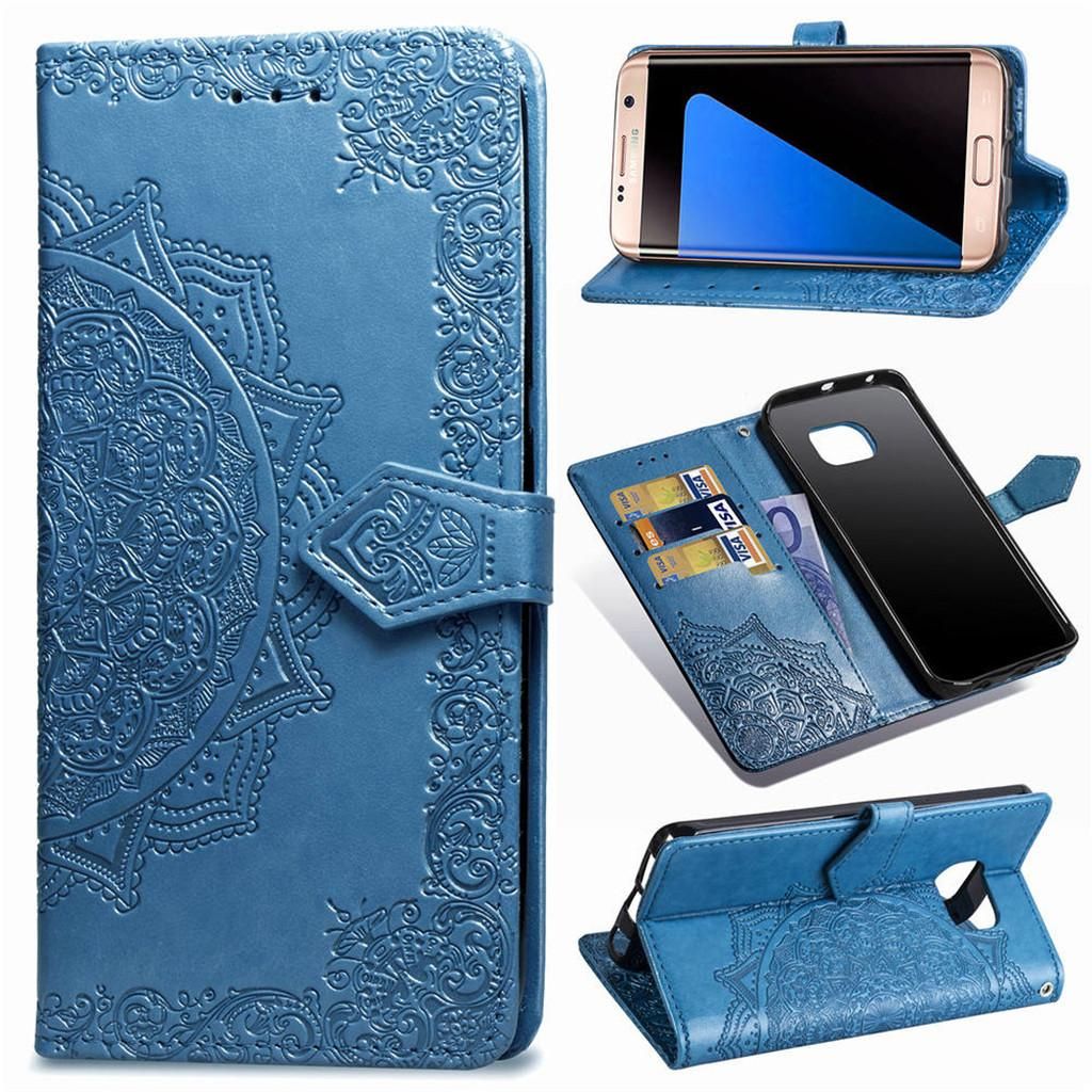 Samsung Galaxy S7 Edge Coque, Saturcase Mandala Gaufrage Pu Cuir Magnétique Flip Portefeuille Support Porte-Carte Protecteur Coque Housse Étui Avec Dragonne Pour Samsung Galaxy S7 Edge (Bleu)