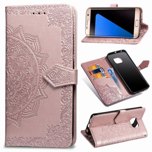 Samsung Galaxy S7 Edge Coque, Saturcase Mandala Gaufrage Pu Cuir Magnétique Flip Portefeuille Support Porte-Carte Protecteur Coque Housse Étui Avec Dragonne Pour Samsung Galaxy S7 Edge (Or Rose)