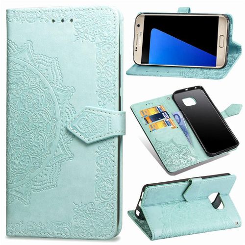 Samsung Galaxy S7 Coque, Saturcase Mandala Gaufrage Pu Cuir Magnétique Flip Portefeuille Support Porte-Carte Protecteur Coque Housse Étui Avec Dragonne Pour Samsung Galaxy S7 (Vert)