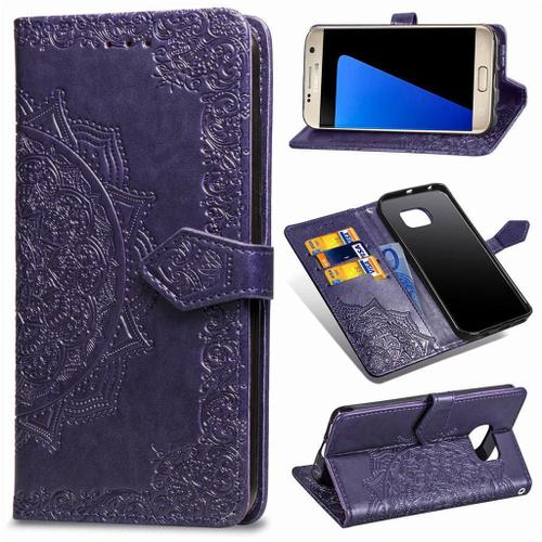 Samsung Galaxy S7 Coque, Saturcase Mandala Gaufrage Pu Cuir Magnétique Flip Portefeuille Support Porte-Carte Protecteur Coque Housse Étui Avec Dragonne Pour Samsung Galaxy S7 (Violet)