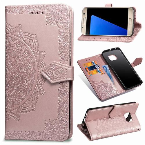 Samsung Galaxy S7 Coque, Saturcase Mandala Gaufrage Pu Cuir Magnétique Flip Portefeuille Support Porte-Carte Protecteur Coque Housse Étui Avec Dragonne Pour Samsung Galaxy S7 (Or Rose)