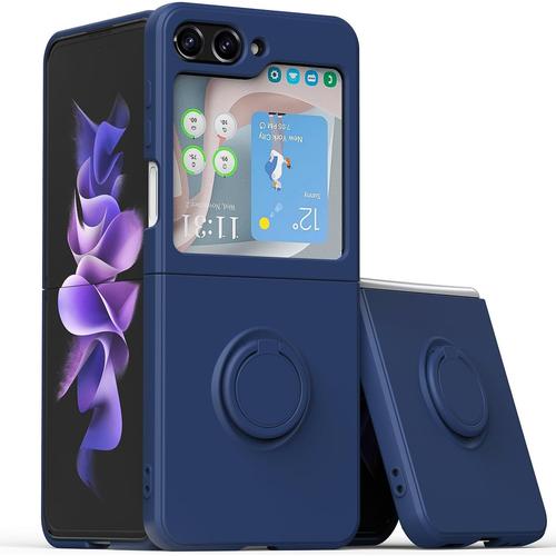 Coque Pour Samsung Galaxy Z Flip 5 Samsung Z Flip 5 , Coque Silicone Liquide Avec Support À Anneau 360°, Étui Magnétique Housse De Protection Antichoc Avec Lanyard - Blue