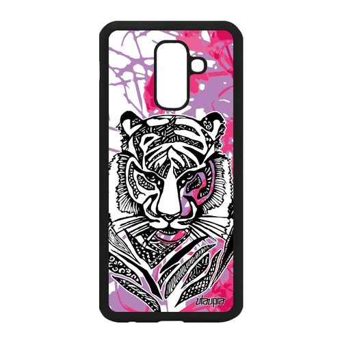 Coque Samsung Galaxy A6 Plus 2018 Silicone Tigre Feuilles Bengal Rose Etui Fille