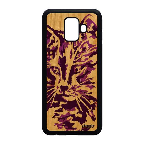 Coque Samsung A6 2018 Bois Silicone Chat Felin Telephone Mignon Rose Art Samsung Galaxy A6 2018
