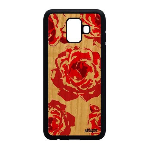 Coque En Bois Pour Galaxy A6 2018 Silicone Rose Fleur Floral Solide Love Samsung Galaxy A6 2018
