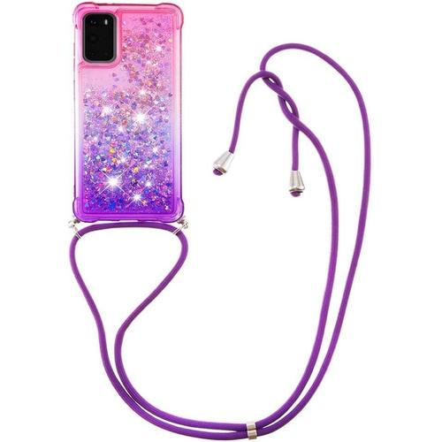 Lanyard Housse Pour Samsung Galaxy S20 Fe, Brillant Paillette Floating Liquide Tpu Ultra Mince Antichoc Coque Avec Lanyard Case Pour Samsung Galaxy S20 Fe Ybg Pink Purple.