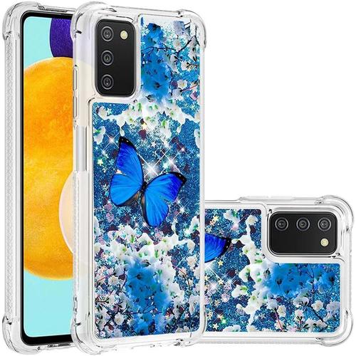 Coque Compatible Avec Samsung Galaxy A03s, Liquid Glitter Sparkle Moving Transparent Cover Silicone Tpu Anti Chute Protector Case Pour Galaxy A03s. Papillon Bleu Bling Yb