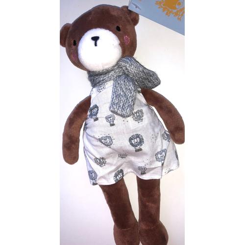 Doudou Ours Oursonne Marron Robe Blanche Tetes Lions Passeport Doudoublure Nounours Ourson Jouet Naissance Bebe