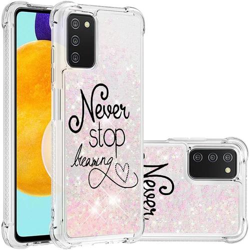 Coque Compatible Avec Samsung Galaxy A03s, Liquid Glitter Sparkle Moving Transparent Cover Silicone Tpu Anti Chute Protector Case Pour Galaxy A03s. Lettres Roses Bling Yb