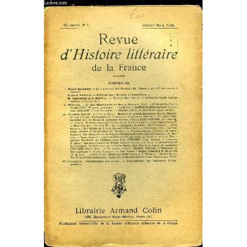 Revue D Histoire Littéraire De La France N° 1 - Le Discours Des Passions De L Amour Peut-Il Être Rendu A Pascal ? Par Henri Jacoubet. Addition Aux Pensées Philosophiques Par Franco Venturi. Prosper(...)