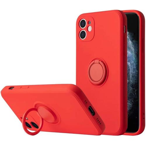 Coque Pour Iphone 11 Pro Max Silicone Liquide Etui Iphone 11 Pro Max Housse Magnétique Anneau Rotatif À 360° Support Doublure Douce En Tissu Microfibre Antichoc Case Rouge