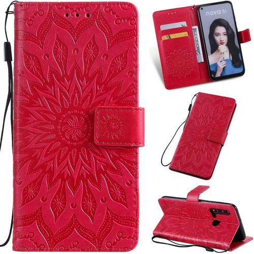 Étui Pour Huawei P20 Lite 2019/Nova 5i 6 4 Pouces Pu Magnétique Pochette Cuir Housse Tournesol Gaufrage Design Stent Fonction Rabattable Pour Huawei P20 Lite/Nova 5i Rouge