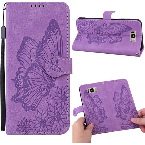 Coque Cuir Pour Samsung Galaxy S8 Plus, Avec 360 Degrés Antichoc Portefeuille Étui, Fonction Support Silicone Magnetique Housse Pour Samsung S8 Plus Case - Papillon Violet