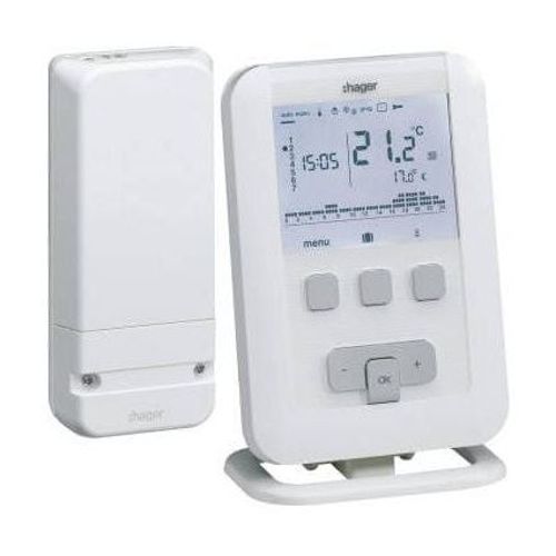 Kit thermostat ambiance programmable digital radio chauffe eau chaude 7j avec récepteur mural à piles Hager EK560