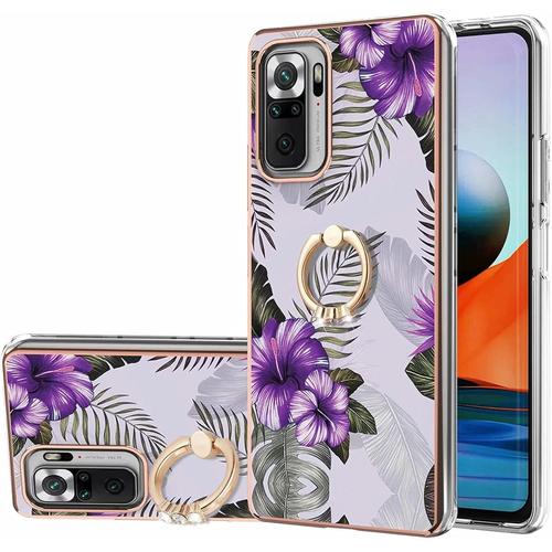 Compatible Avec Coque Xiaomi Redmi Note 10 Pro/Note 10 Pro Max Marbre Concevoir Étui Avec 360° Béquille À Anneau Réglable Souple Tpu Antichoc Housse Protection-Fleur Mauve