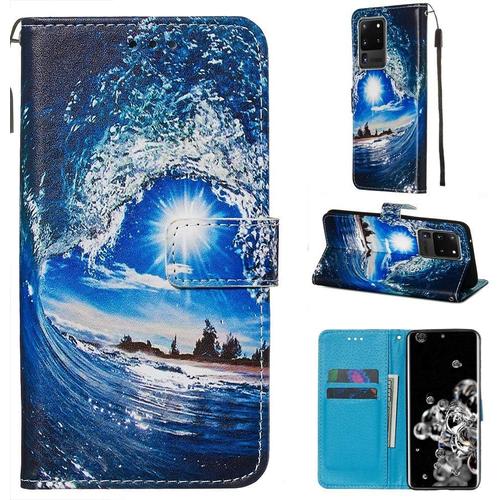 Coque Pour Samsung Galaxy S20 Ultra Avec Verre Trempé Etui Samsung S20 Ultra Cuir Pu Portefeuille Flip Magnétique Housse En Clapet De Protection Etui Samsung S20 Ultra Mer