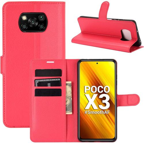 Coque Pour Xiaomi Poco X3 Nfc, Stand Pour Téléphone Portable/Avec Emplacements Pour Cartes De Crédit/Couvercle De Fermeture Magnétique,Pour Xiaomi Poco X3 Nfc Housse Rouge