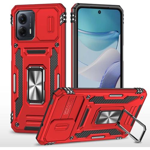 Coque Compatible Avec Motorola Moto G53 5g,Lentille Coulissante Couverture,Support 360°Rotatif Pc Dur Anti-Chut Renforcée Armor Heavy Duty Antichoc Bumper Housse Etui,Rouge