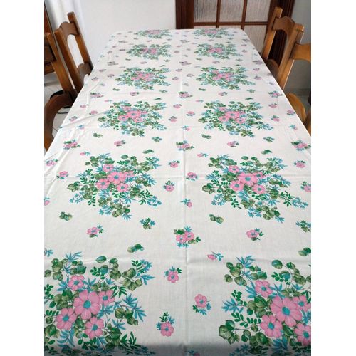Nappe Rectangulaire Blanche Motifs Fleurs Roses, Feuilles Vertes Et Turquoises 220 X 160