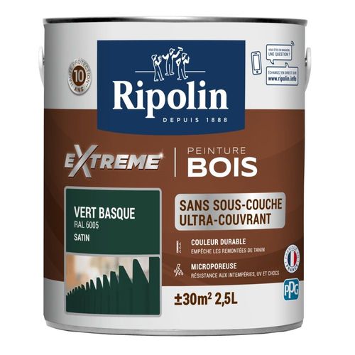Peinture Ripolin EXTREME BOIS microporeuse satin 2.5 L vert basque