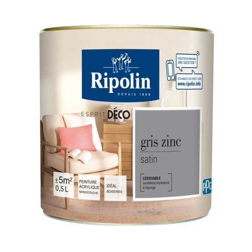 Peinture acrylique Ripolin ESPRIT DECO monocouche satin 0.5 L gris zinc