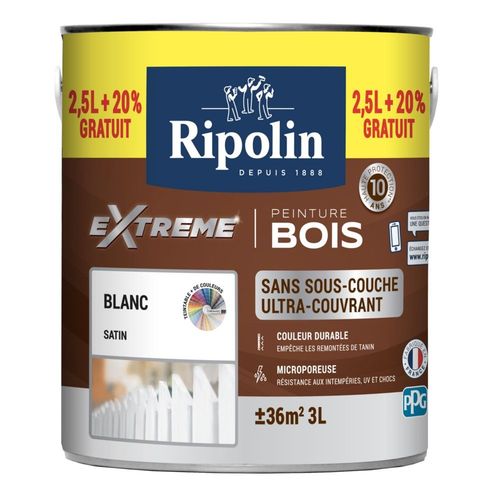 Peinture de protection Ripolin EXTREME BOIS blanc satin 2.5L+20%