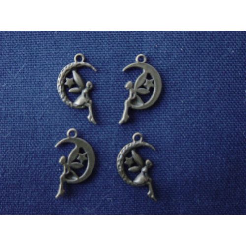4 Breloques Fée Sur Quartier De Lune En Métal Bronze