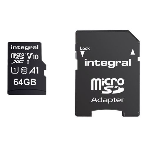 Integral - Carte mémoire flash (adaptateur microSDXC vers SD inclus(e)) - 64 Go - A1 / Video Class V10 / UHS Class 1 / Class10 - microSDXC UHS-I