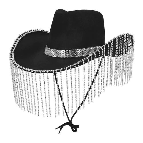 Chapeau Cowgirl Noir Franges Argent Adulte