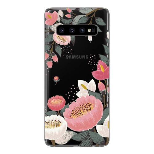 Coque Compatible Samsung Galaxy S10 En Gel Souple Transparent Et Solide Avec Impression De Qualité (Fleurs)