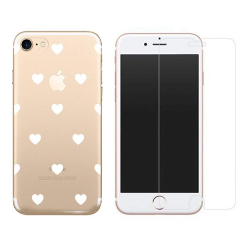 Novago Compatible Compatible Avec Iphone 7 , Iphone 8 , Combo 1 Verre Trempé + 1 Coque Gel Imprimée Fantaisie Et Solide - Petits Coeurs Blancs