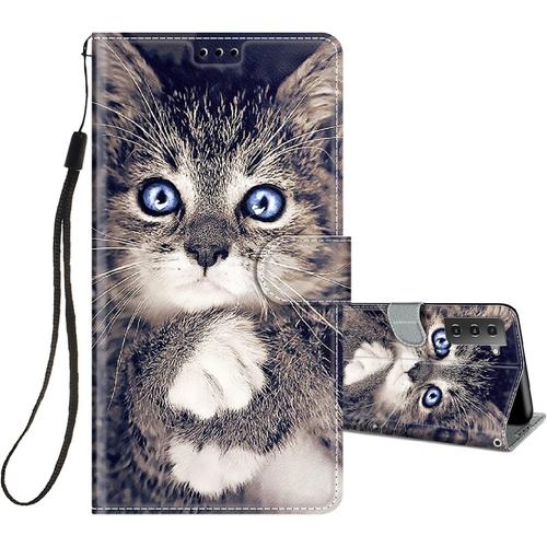 Coque En Cuir Pour Samsung Galaxy S21 5g À Rabat Et Folio Portefeuille Pour Filles Garçons Femme, Housse Cuir Fentes Pour Cartes Étui Antichoc 360 Degrés Silicone-Chat Gris