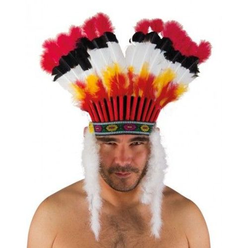Coiffe Indien À Plumes Rouge Et Jaune Adulte