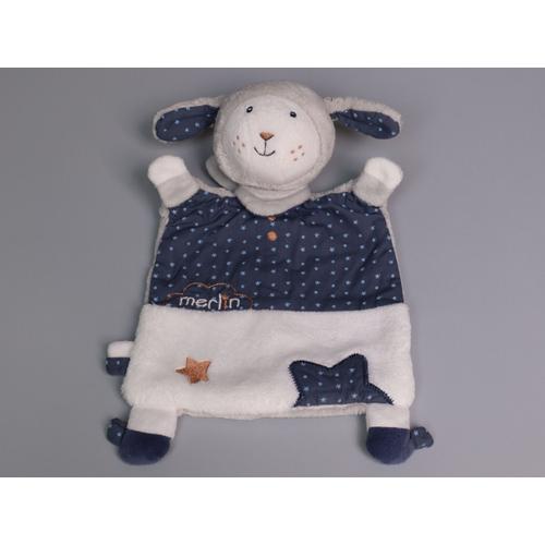 Doudou Mouton Plat Gris Blanc Bleu Étoiles Merlin Sauthon