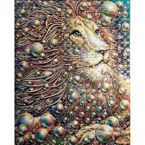 Tableau De J.J Briquet, Peinture Acrylique Sur Toile, Titre: "Lion"