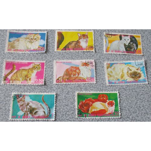Lot Timbres Guinée Equatoriale Oblitérés- Série Chats 1975 : Tabby Roux/Persans/Maine Coon/Européen Noir Et Blanc/Persan Crème/Chat Sauvage/Persan Colourpoint/Burmese Bleu-38x28.5mm-Emission 6/12/1975