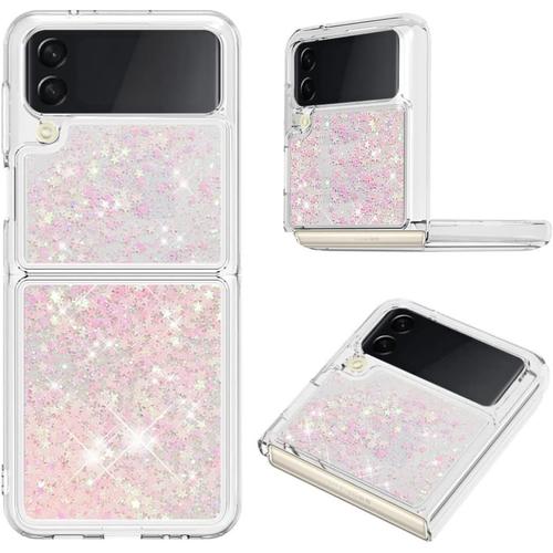 Coque Compatible Avec Samsung Galaxy Z Flip 4 Étui Sables Mouvants Liquides Brillants Très Mince Transparente Antichoc Tpu Bumper Housse Pour Samsung Z Flip 4. Star Pink Ybw