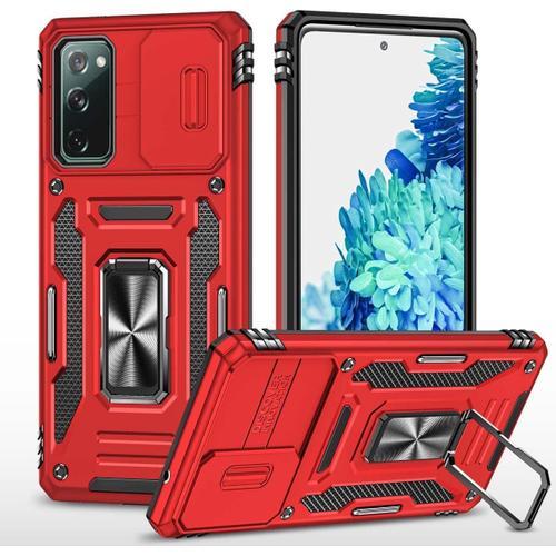 Coque Compatible Avec Samsung Galaxy S20 Fe,Lentille Coulissante Couverture,Support 360°Rotatif Pc Dur Anti-Chut Renforcée Armor Heavy Duty Antichoc Bumper Housse Etui,Rouge